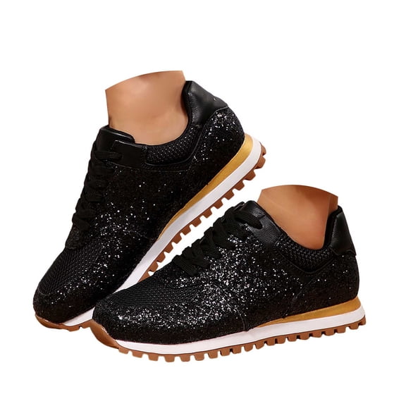 Rokment Sparkly Sequin Fashion Sneakers Walking Shoes for Women Fall Winter Bling Breathable Mesh Patchwork Lace up Memory Foam Non Slip Running Tennis Casual Footwear Black Size 6.5
