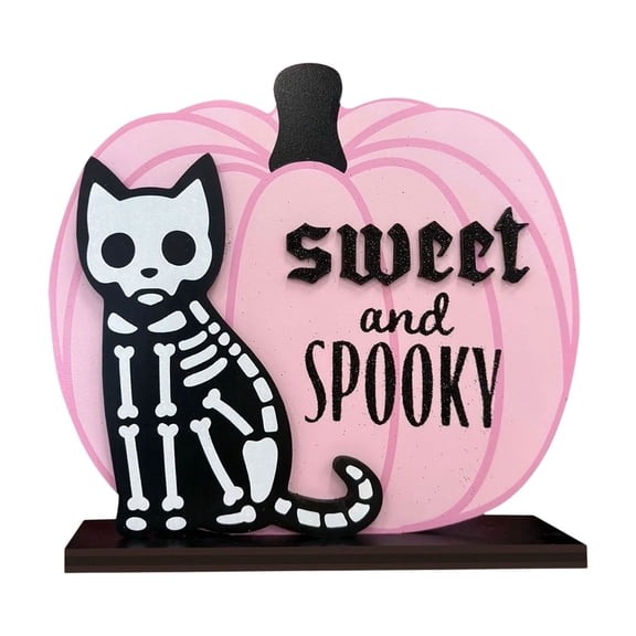Pink Pumpkin Skeleton Cat Wooden Decor, Sweet and Spooky Tabletop Standing Ornament for Halloween Party Home Desktop Office Shelf Display