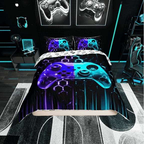 Erosebridal Video Game Theme Comforter Cover Twin, Gradient Blue Cyan Gamepad Bedding Twin Size, Neon Light Bedroom Decor, Reversible 2 Pieces (No Comforter)