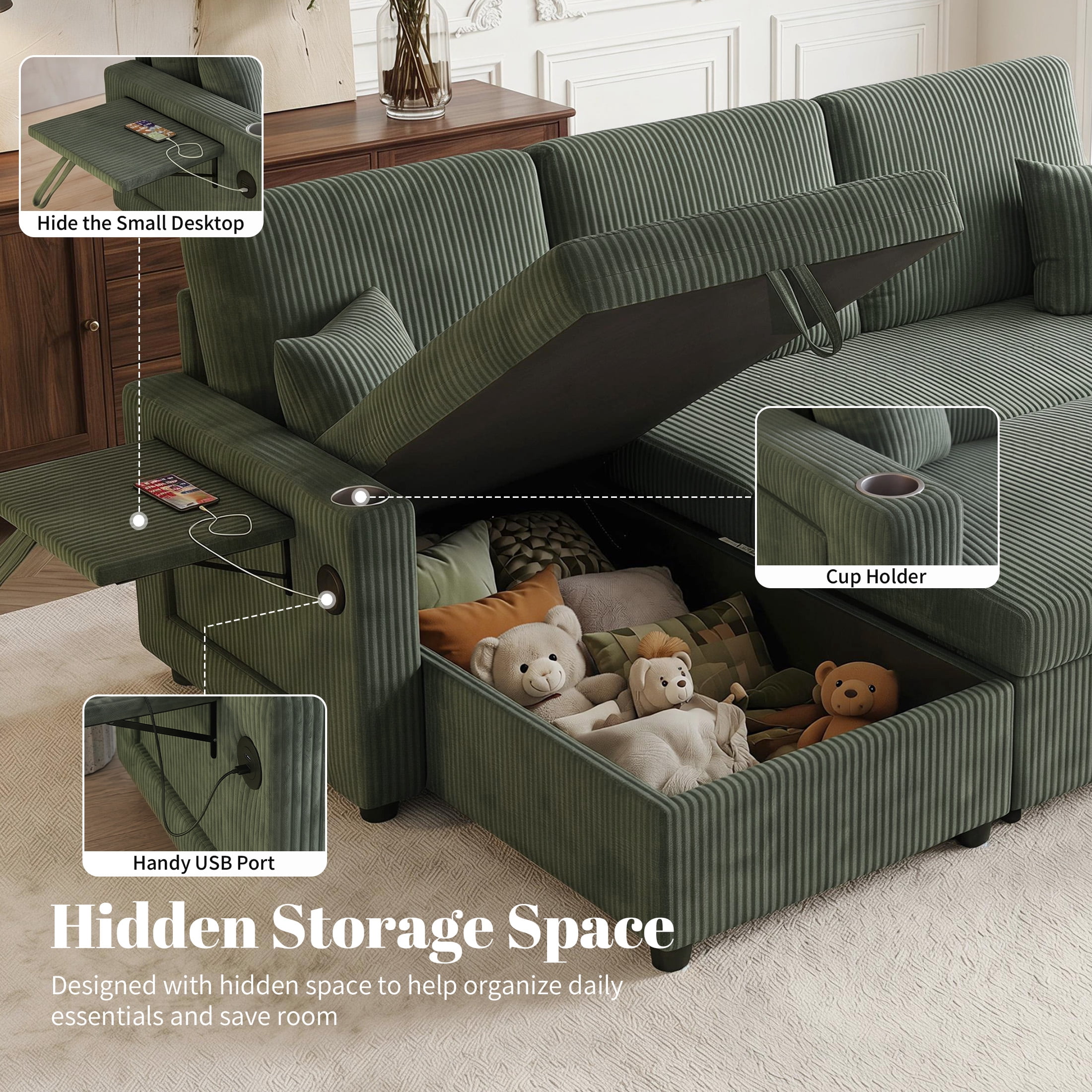 Aenkyo 84" Corduroy Pull Out Sofa Bed with Reversible Storage Chaise and USB Charging, Green