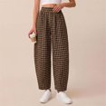 thumbnail image 4 of Women's Plaid High Waist Wide Leg Cropped Pants, Loose Relaxed Fit Barrel Trousers with Side Pockets, for Spring Summer Daily Wear, Travel or Casual Outfits Coffee L, 4 of 7