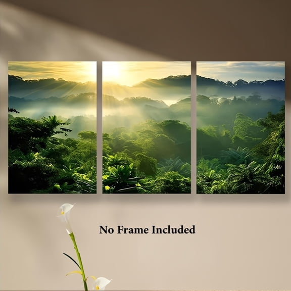 3pcs Sunlit Tropical Rainforest Canvas Art Prints - Frameless, Lush Greenery & Misty Mountains Wall Decor for Home, Office, Cafe, Classroom - Ideal for Spring Holiday Gifts, Mother'S Day, Graduation