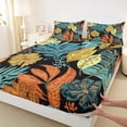 thumbnail image 3 of Manfei Tropical Plant Leaves Queen Sheet Sets,Natural Botanical Flat Sheet,Blue Orange Black Queen Fitted Sheet For Adults,Microfiber Bedroom Decor,4 Pieces, 3 of 7