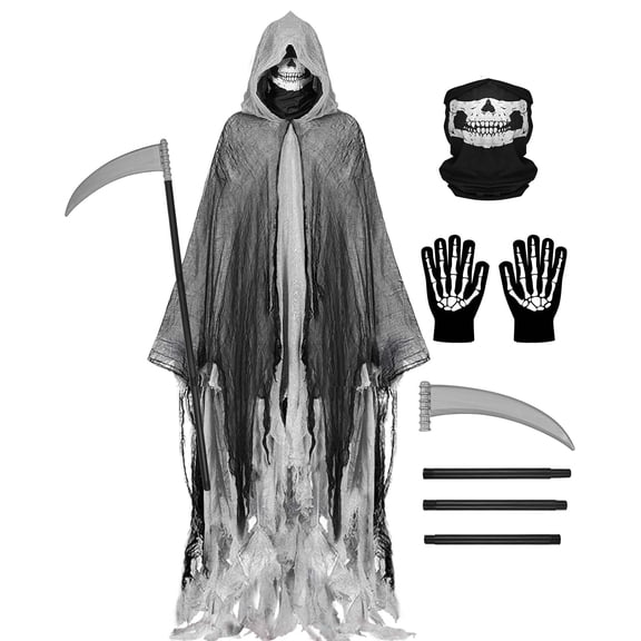 Gingprous Halloween Cosplay Hooded Costume, Halloween Hooded Cloak with Skull Mask, Scythe, Gloves Black Hooded Cape Reaper Outfits