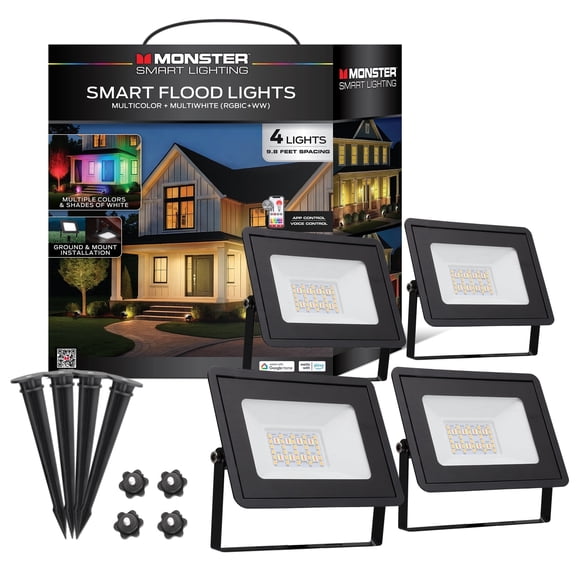 Monster Outdoor Flood Light Smart 4-Pack, Multiwhite LED Flood Light Outdoor, Wi-Fi App & Voice Control, Sound Reactive, Weather-Resistant