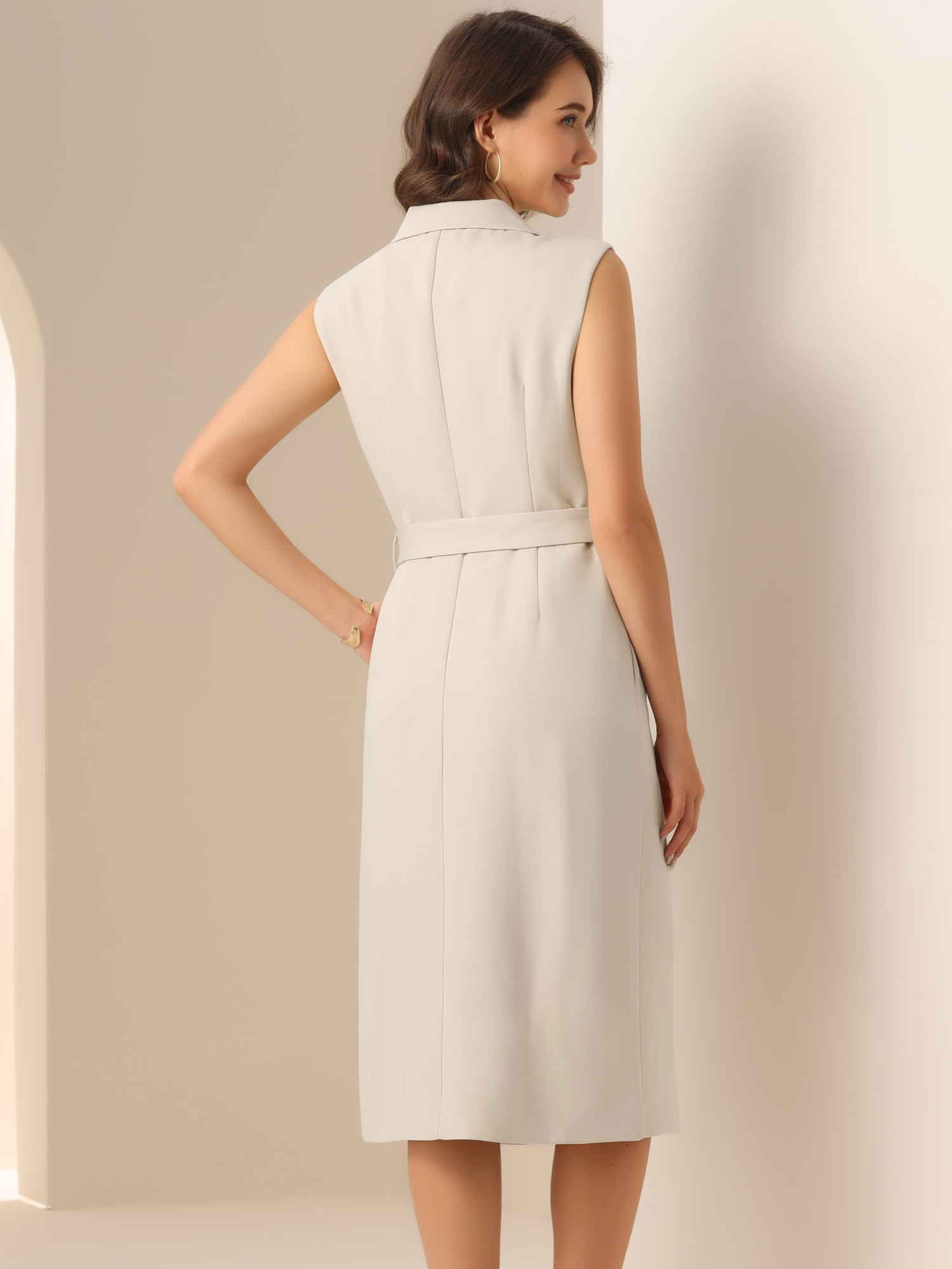 DARING DIVA Sleeveless Blazer Notched Lapel Double Breasted Dress M Apricot