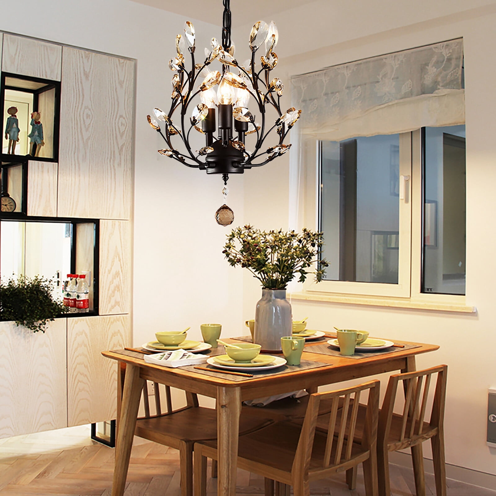 Elegant Black Crystal Chandelier Modern Ceiling Light Pendant Lighting Fixture for Living Room, Bedroom