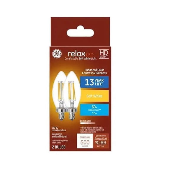 GE Relax LED 60 Watt equivalent B12 Soft White Dimmable Decorative Candle Light Bulb (2-Pack)