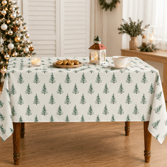 Holiday Tree Tablecloth, 60 x 84 In Rectangular Polyester Table Cover, Green Tree Pattern Washable Tablecloth for Dining Table, Party, Picnic and Dinner Decor