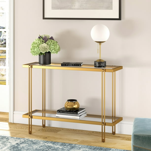 Evelyn&Zoe Contemporary Metal Console Table with Glass Top