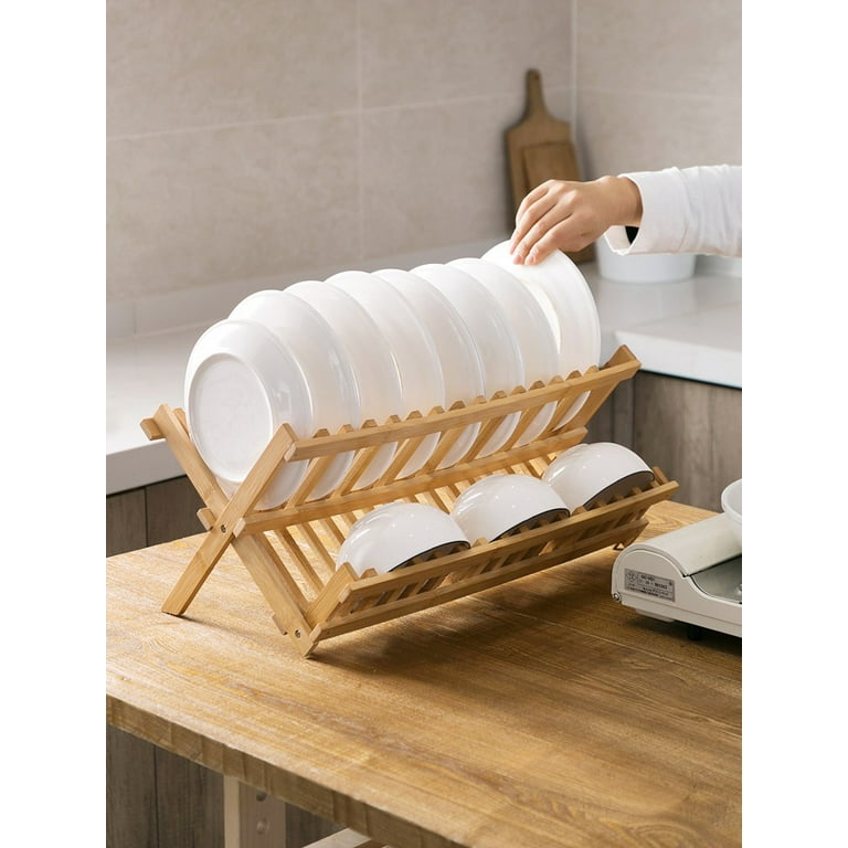 HEJULIK Double Dish Rack by Royal Craft Wood Foldable Dish Rack Drainer Rack  Solid Wood Kitchen Shelf Dish Rack 