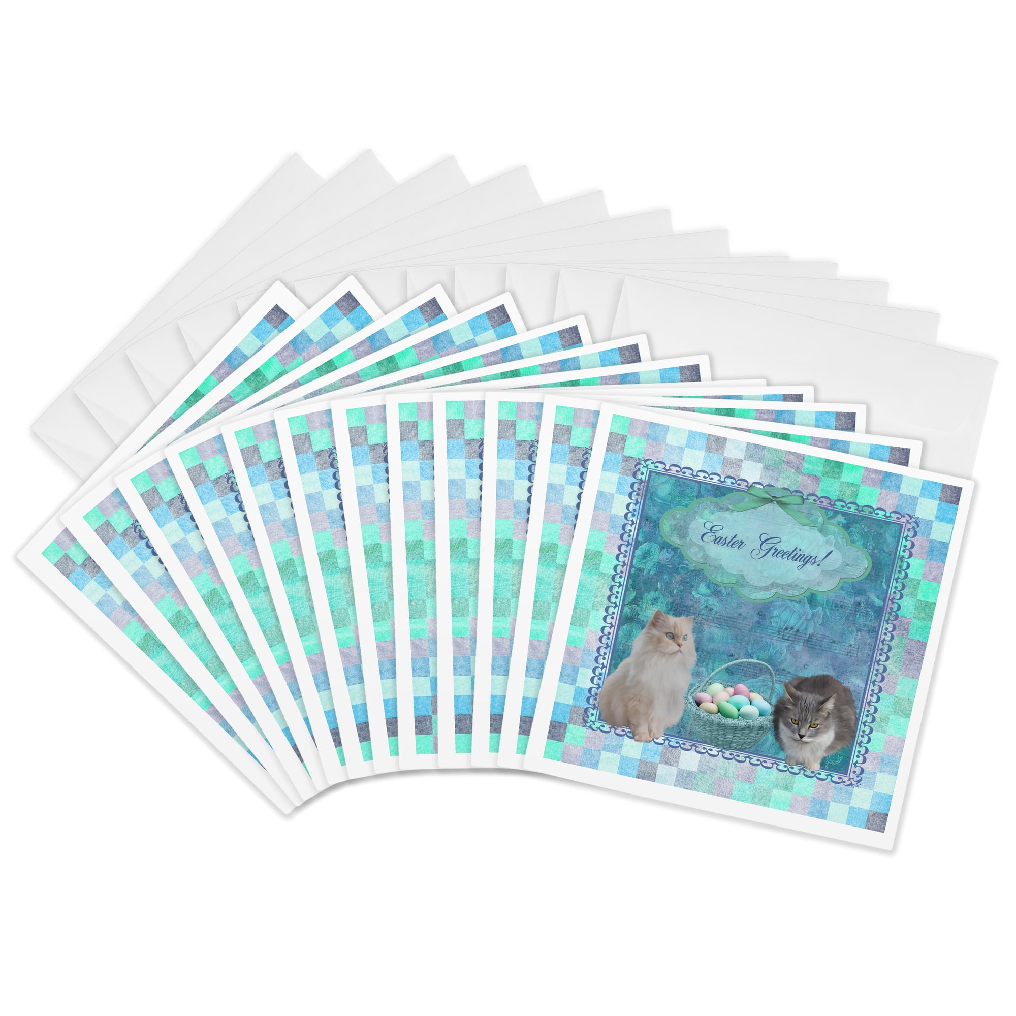 3drose Kitty Cats with Easter Basket of Eggs on Musical Sheet Background Aqua 12 Greeting Cards with Envelopes