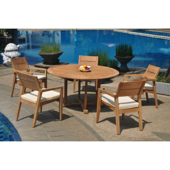 Grade-A Teak Dining Set: 5 Seater 6 Pc: 60" Round Table And 5 Vellore Stacking Arm Chairs Outdoor Patio WholesaleTeak #WMDSWVm