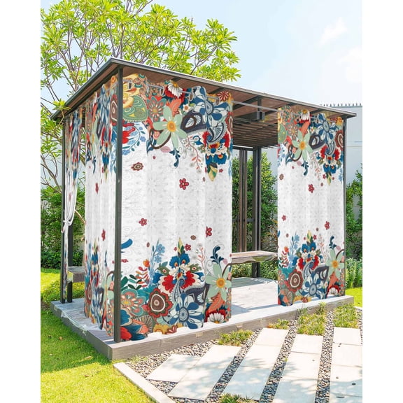Bohemian Floral Outdoor Curtains for Patio, Retro Abstract Flowers Boho Ethnic Privacy Drapes Grommet Waterproof Outside Curtains for Porch/Cabana/Balcony 54"x 95", 1 Panel