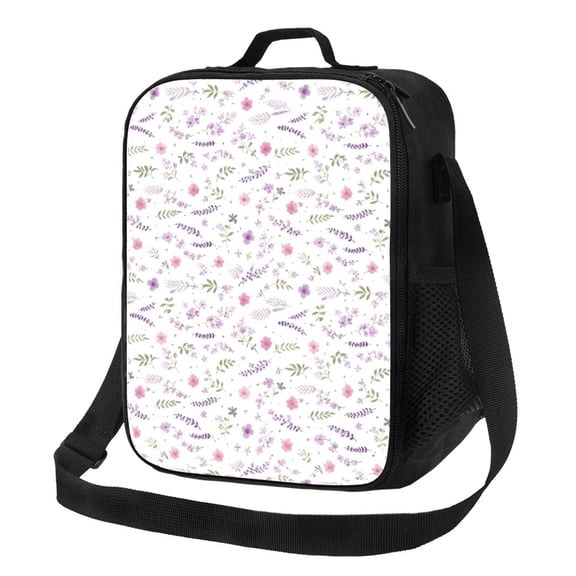 Purple Lavender Floral Lunch Bag Insulated Thermal Box with Shoulder Strap & Handle for Work and Picnic