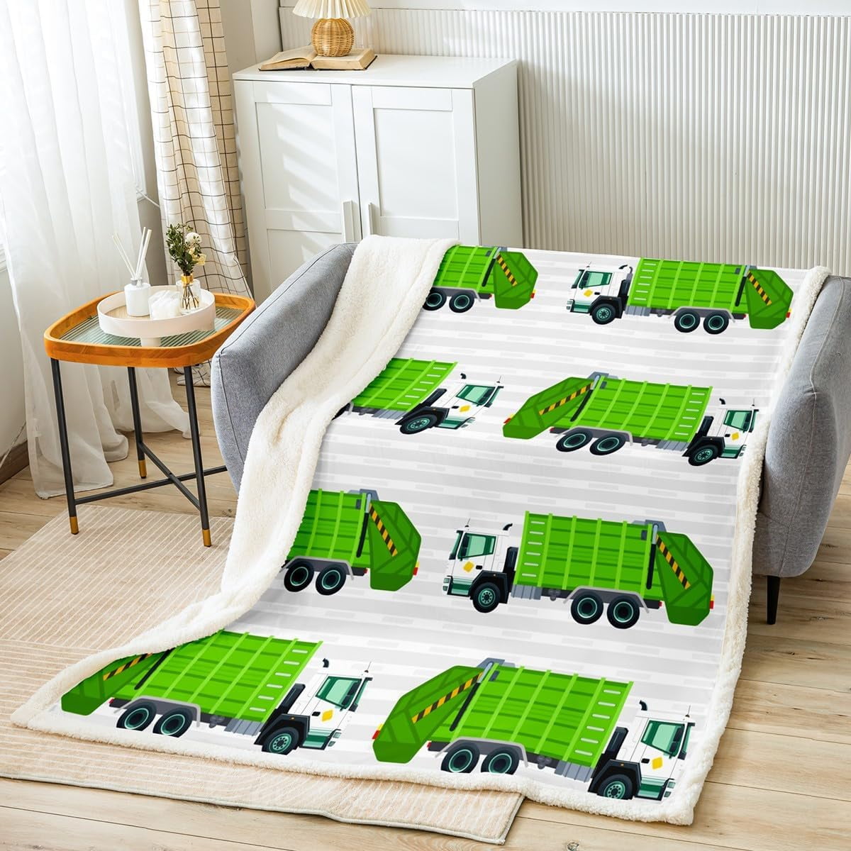 Garbage Truck Blanket Boys Cartoon car Theme Throw Blanket for Kids Girls Child Grey and White Stripes Fleece Blanket for Bed Sofa Couch Travel Soft and Lightweight Twin 60"x80"
