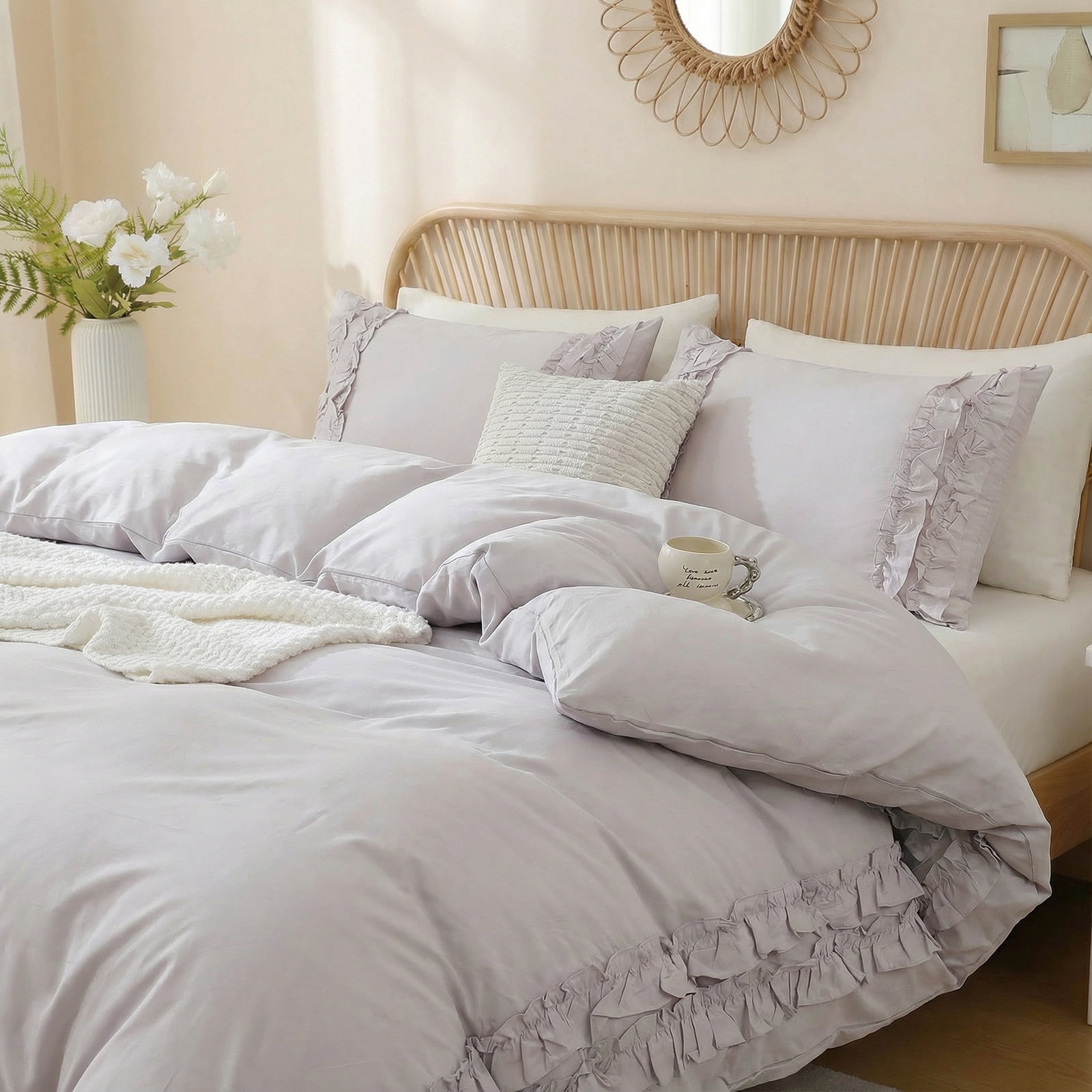100% Cotton Ruffled Comforter Set Queen, White Shabby Chic Farmhouse Bedding Set French Country Cute Comforter Set