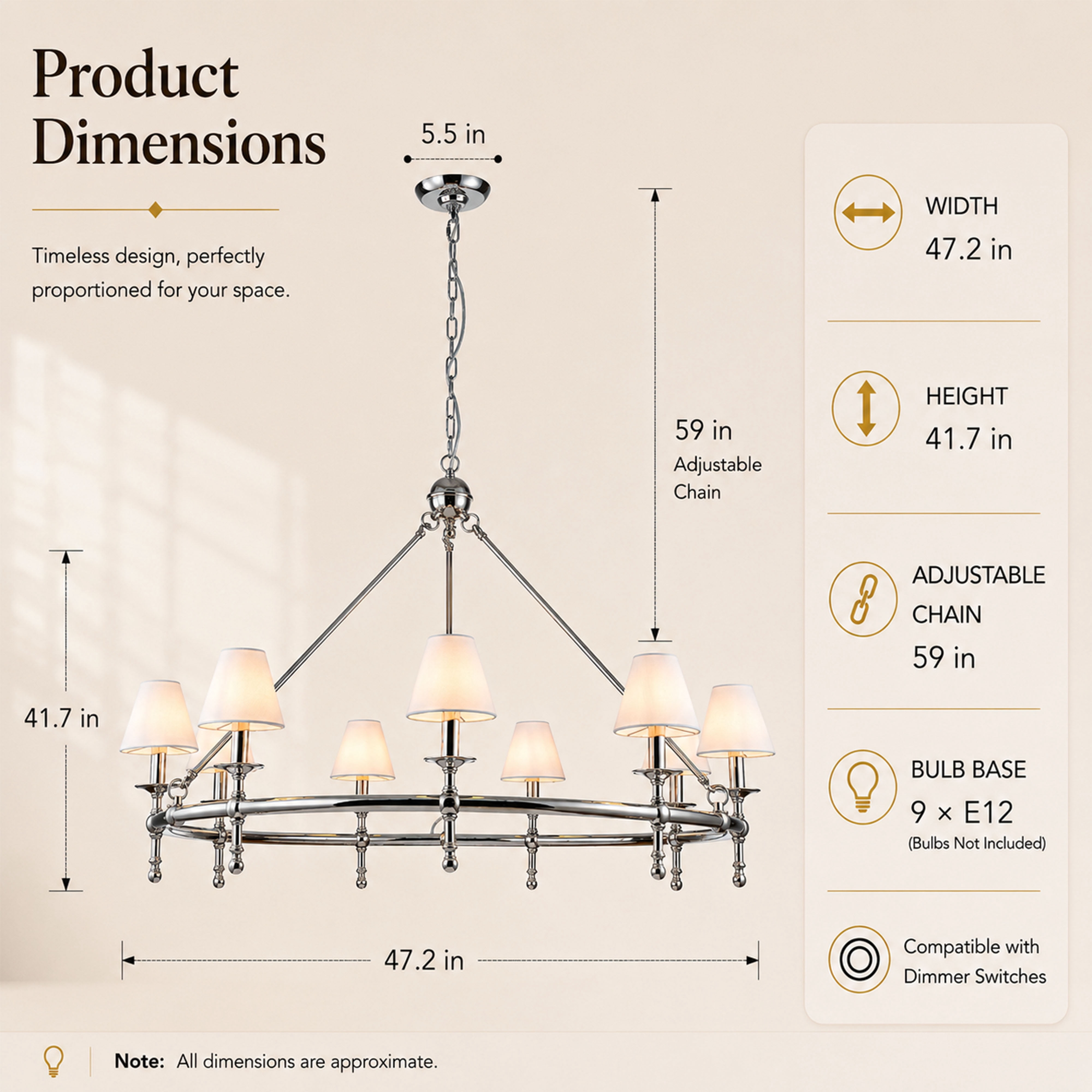 47 in. 9-Light  Modern Polished Nickel Chandelier with White Fabric Shades for Dining Rooms and Large Rooms