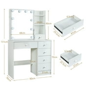JBLCC Modern Makeup Vanity with LED Lighted Mirror and Stool, Vanity Table for Bedroom, Vanity Desk with Storage Shelves & Drawers, White