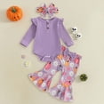 thumbnail image 2 of masbird Newborn Baby Girl Clothes 3pcs Fall Winter Outfits Rib Frill Long Sleeve Romper Daisy Flared Pants Headband Set,Purple,0-3 M, 2 of 9