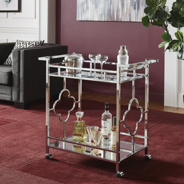 Weston Home Nicole Chrome Finish Floral Bar Cart with Mirror Bottom and
