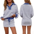 thumbnail image 2 of 2 Piece Outfits Women Striped Sweatsuit Mini Skirt Sets Loose Lapel V Neck Sweatshirt Tie Waisted Tracksuits (L, Blue), 2 of 7