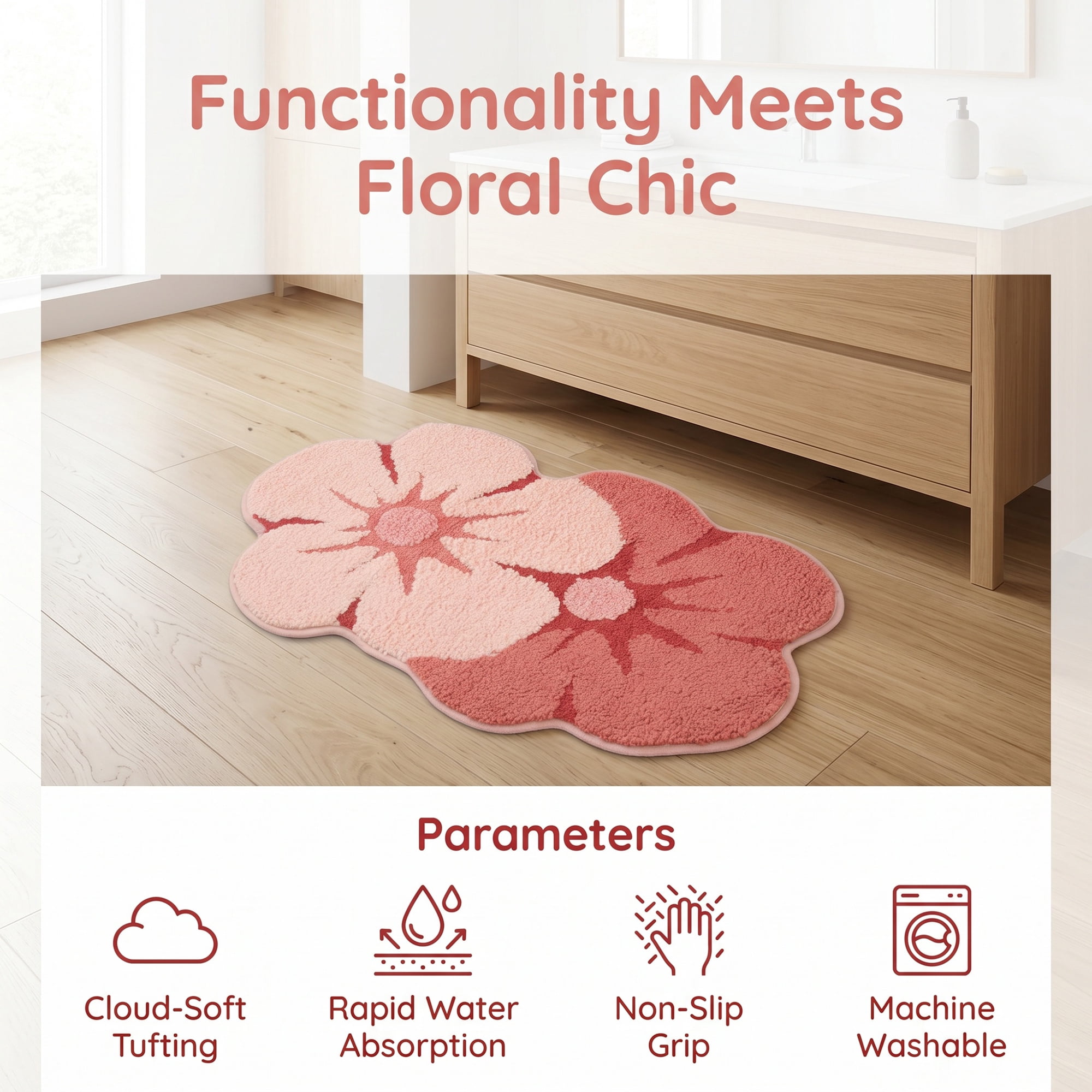 Unique Bargains Printed Rug Ultra Soft Absorbent Plush Bath Mat Red Flower 30" x 18"