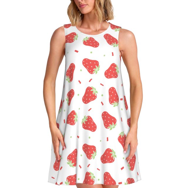 Fotbe Hand Drawn Strawberry Vestido de Verano sin Mangas para Mujer – Vestido Midi Línea A, Estilo Camiseta Floral, Vestido Playero Casual y Fluido