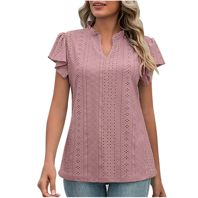 Plebaso Womens Eyelet Tops Summer Ruffle Short Sleeve T-Shirts V Neck Lightweight Casual Tunic Blouses