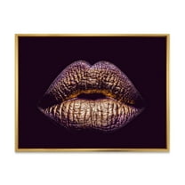 Designart 'Sexy Golden Metallized Woman Lips III' Modern Framed Canvas Wall Art Print