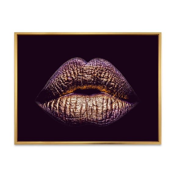 Designart 'Sexy Golden Metallized Woman Lips III' Modern Framed Canvas Wall Art Print