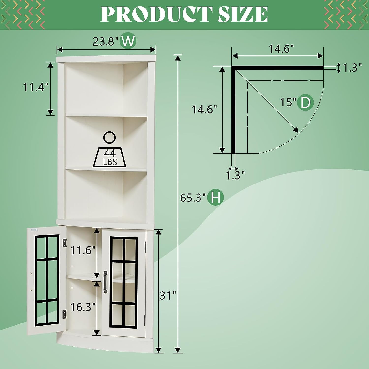 Merluxy Curved Corner Cabinet, 65" Wood Bookcase with 3 Shelves, Distressed White