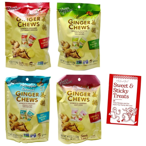 Prince of Peace Ginger Chews - 4 flavors - 1 each: Lychee, Blood Orange, Mango, Pineapple Coconut (4 oz.)   MerlinsMart Zine