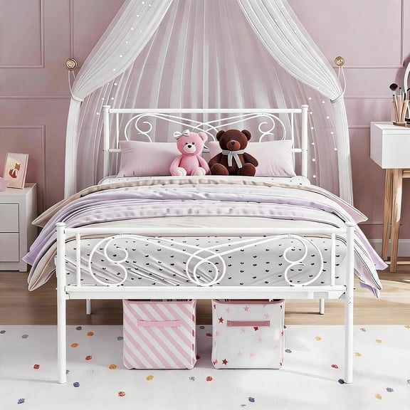 Twin Size Metal Platform Bed Frame with Curved Headboard & Footboard, No Box Spring,White