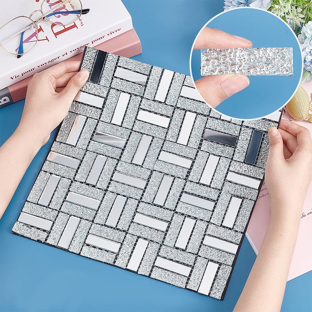 Adhesive Glass Cabochons Sheets Rectangle Mirror Mosaic Pieces Mosaic Tiles for Arts DIY Crafts Silver 300x300x5mm for DIY