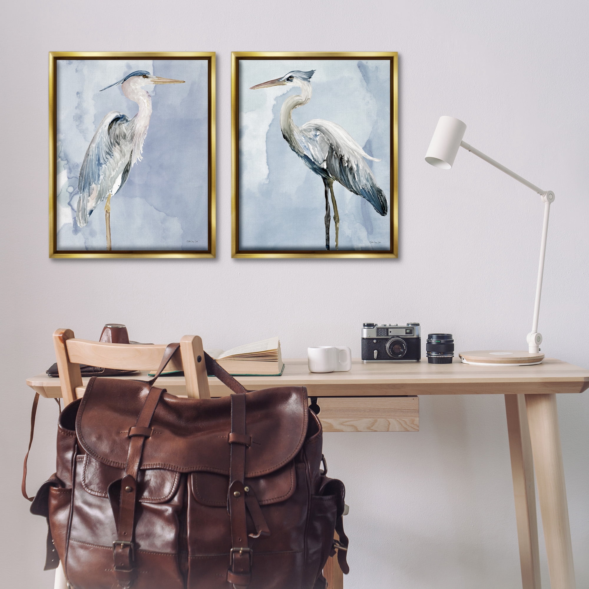 Stupell Industries Heron Birds Standing Blue Sky Animals & Insects Painting Gold Floater Framed Canvas Art Print Wall Art, 25 x 31, Set of 2