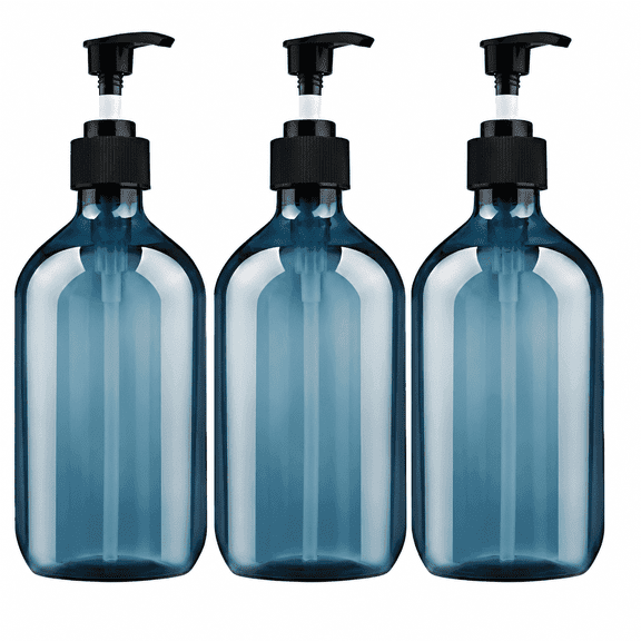 3-Pack Blue PET Plastic Pump Bottles, 500ml Each, Empty Refillable Dispensers for Lotion, Liquid Soap, Shampoo and Conditioner