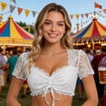 thumbnail image 2 of Girls Stand Collar Puff Bubble Sleeve Cotton Crop Top Kids Button Front Bavarian Festival Short Shirt, 2 of 7