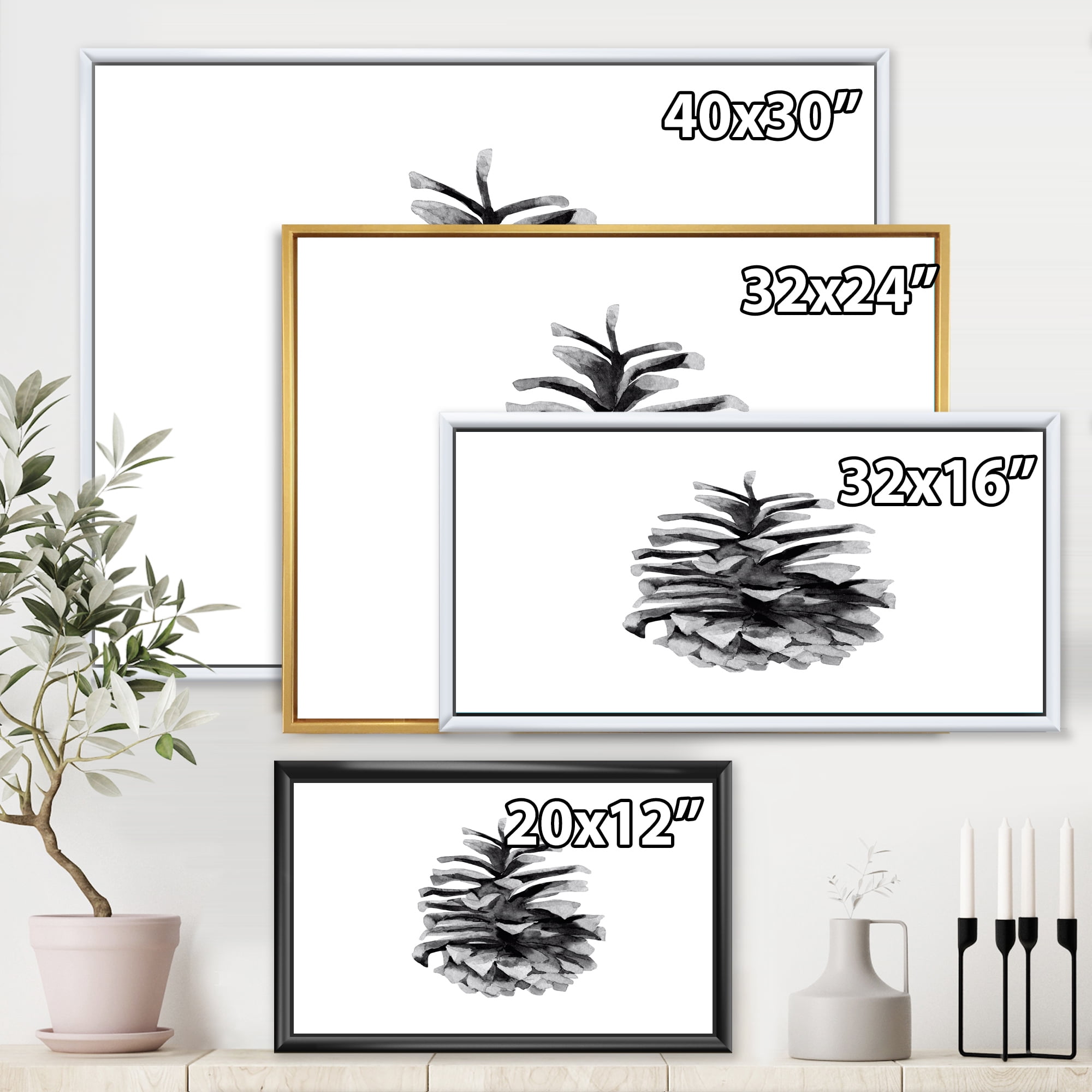 Designart 'Conifer Cone Black and White' Traditional Framed Canvas Wall Art Print