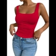 thumbnail image 3 of Camiseta Básica de Verano Sin Mangas con Cuello Cuadrado y Fruncido para Mujer. Rojo L, 3 of 9