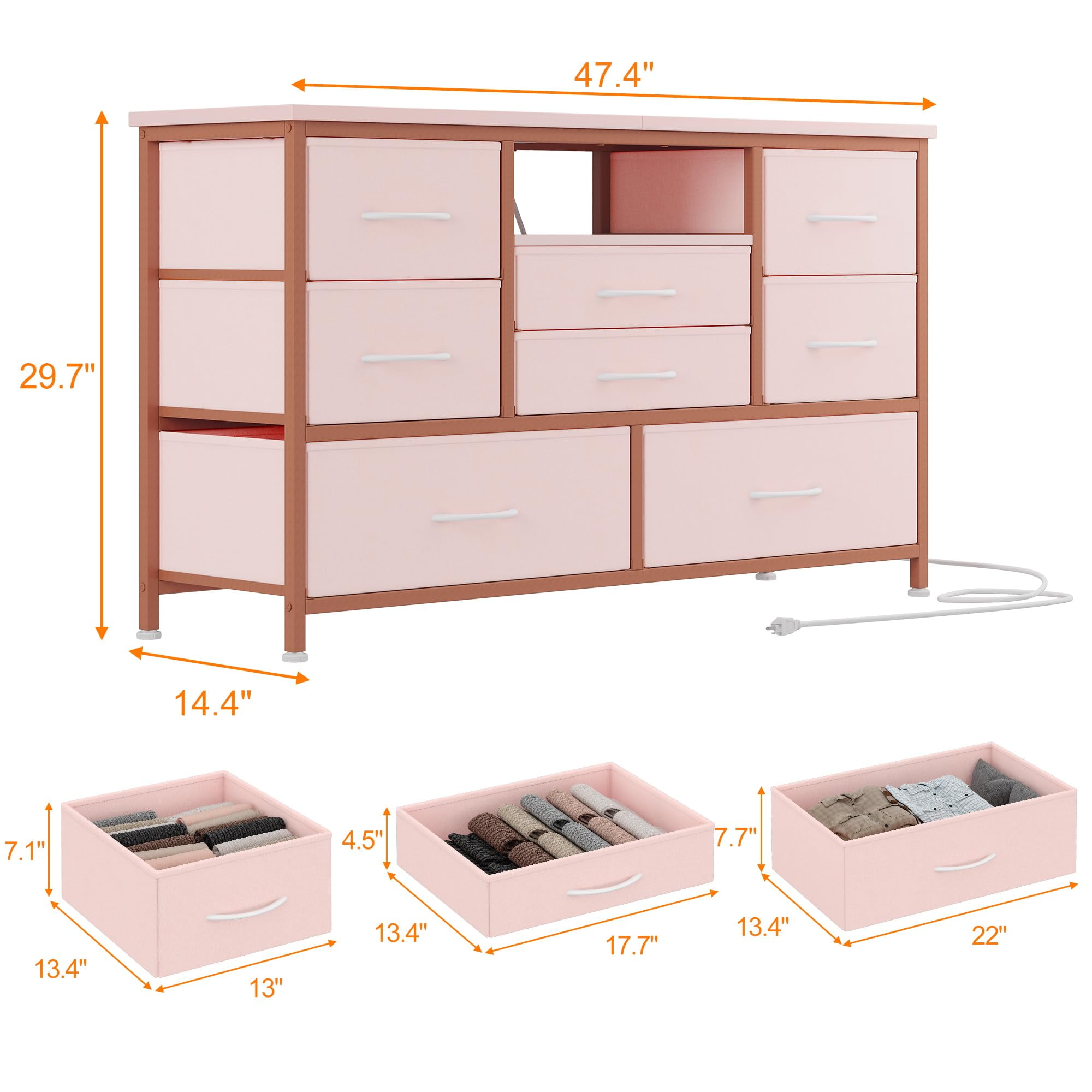 TROPOW Tv Stands for Living Room,8-Drawer Storage Cabinet TV Cabinet for 55-Inch TV Entertainment Center with Adjustable LED Lights, with Electrical Outlets and Cords-Pink