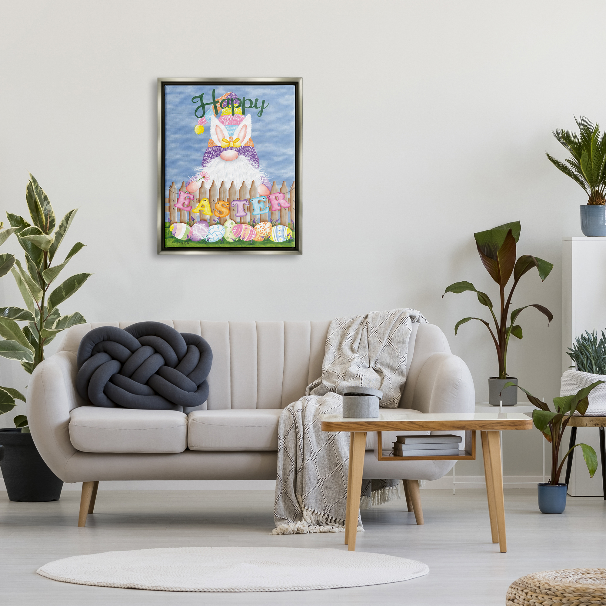 Stupell Happy Easter Garden Gnome Eggs Holiday Painting Gray Floater Framed Art Print Wall Art