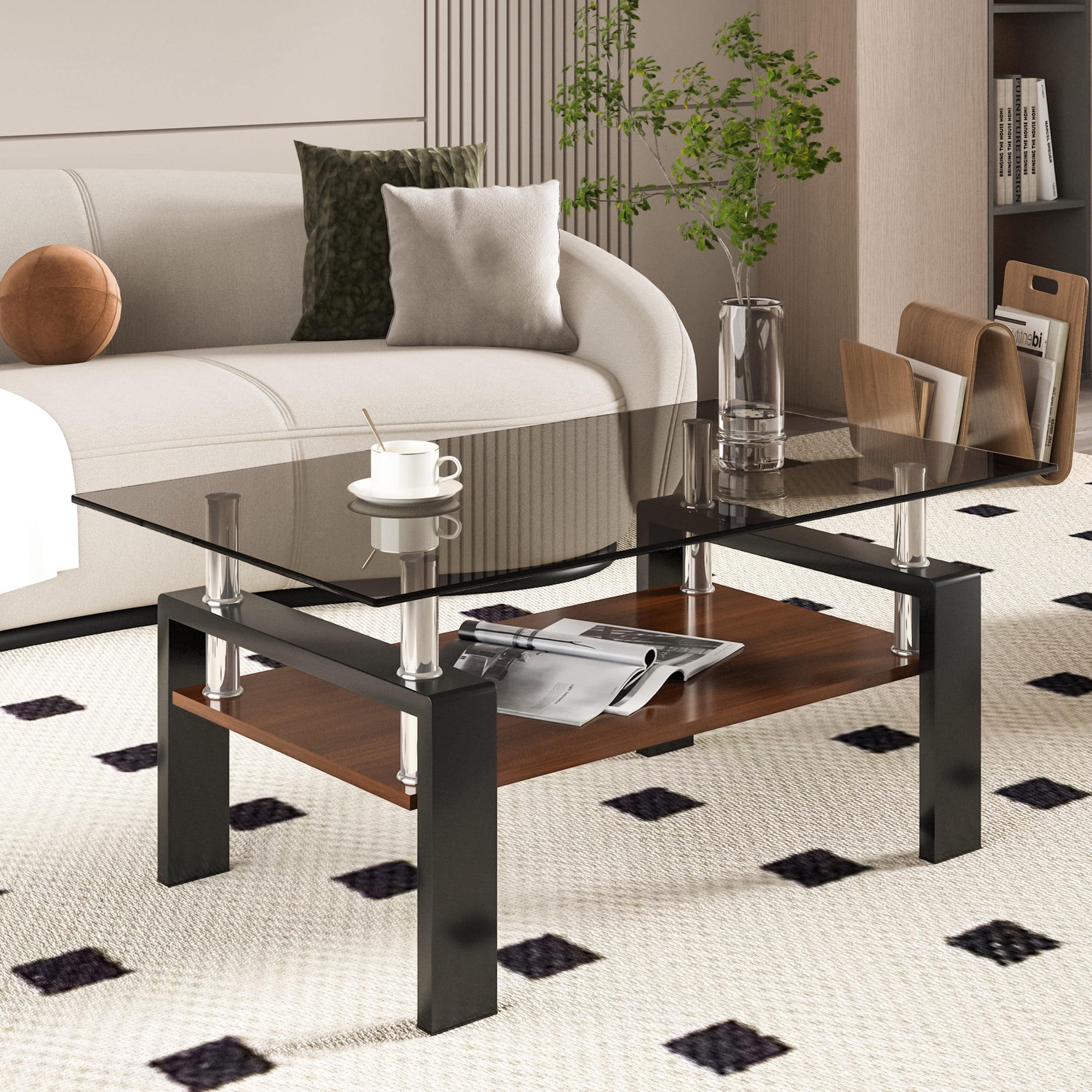MAYEERTY Rectangle Coffee Table with Gray Tempered Glass & MDF Shelf