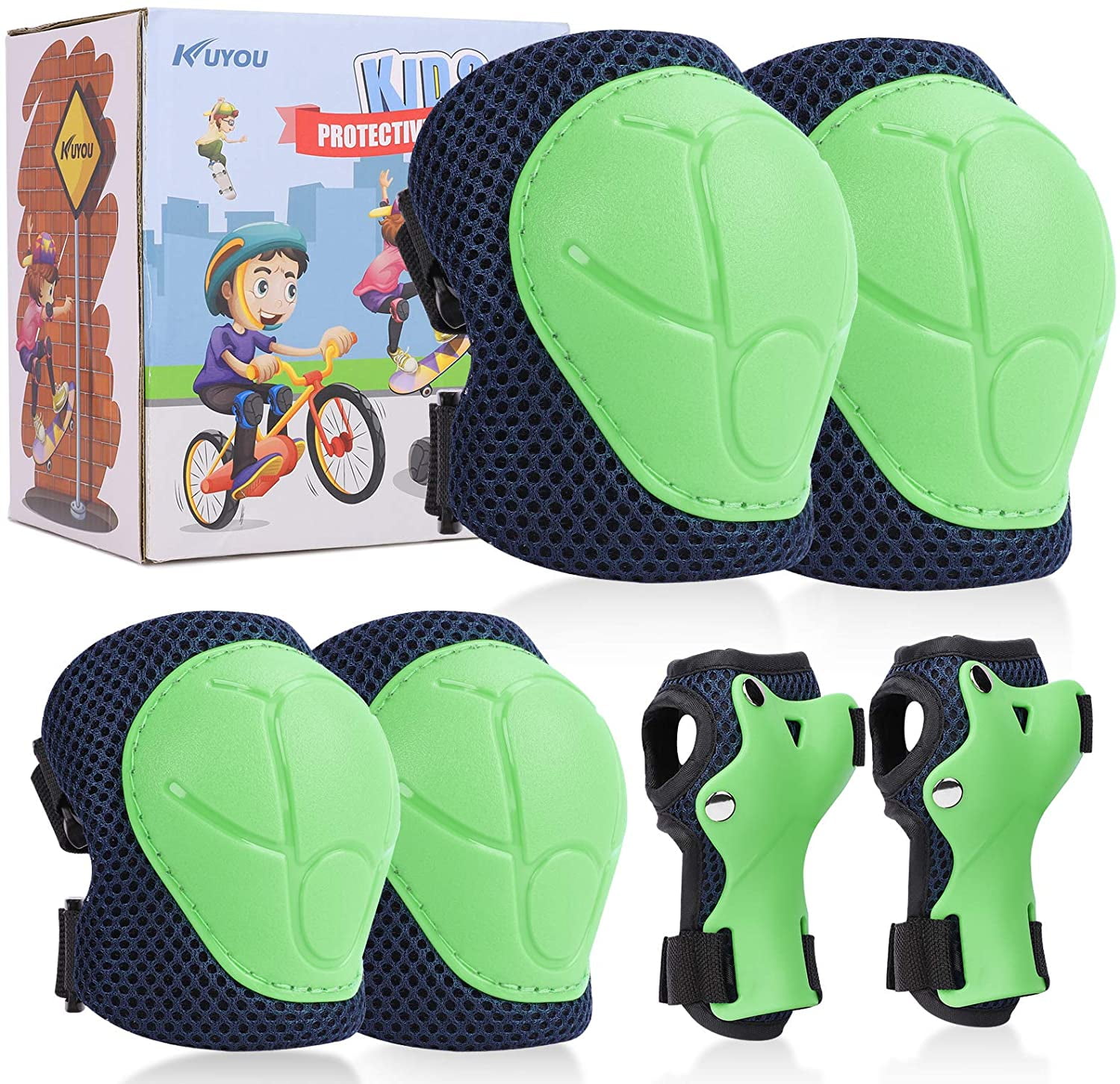 KUYOU Kids Protective Gear, Knee Pads Elbow Pads with Wrist Guard for