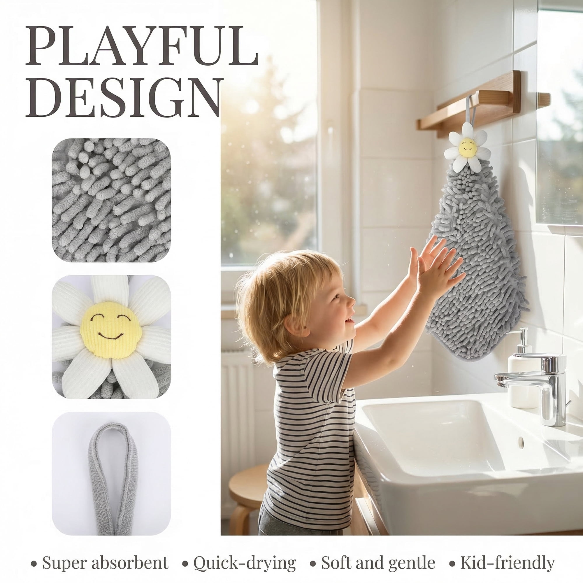 Unique Bargains Soft Absorbent Quick Dry Cute Flower Chenille Hand Towels Grey 12" x 12"