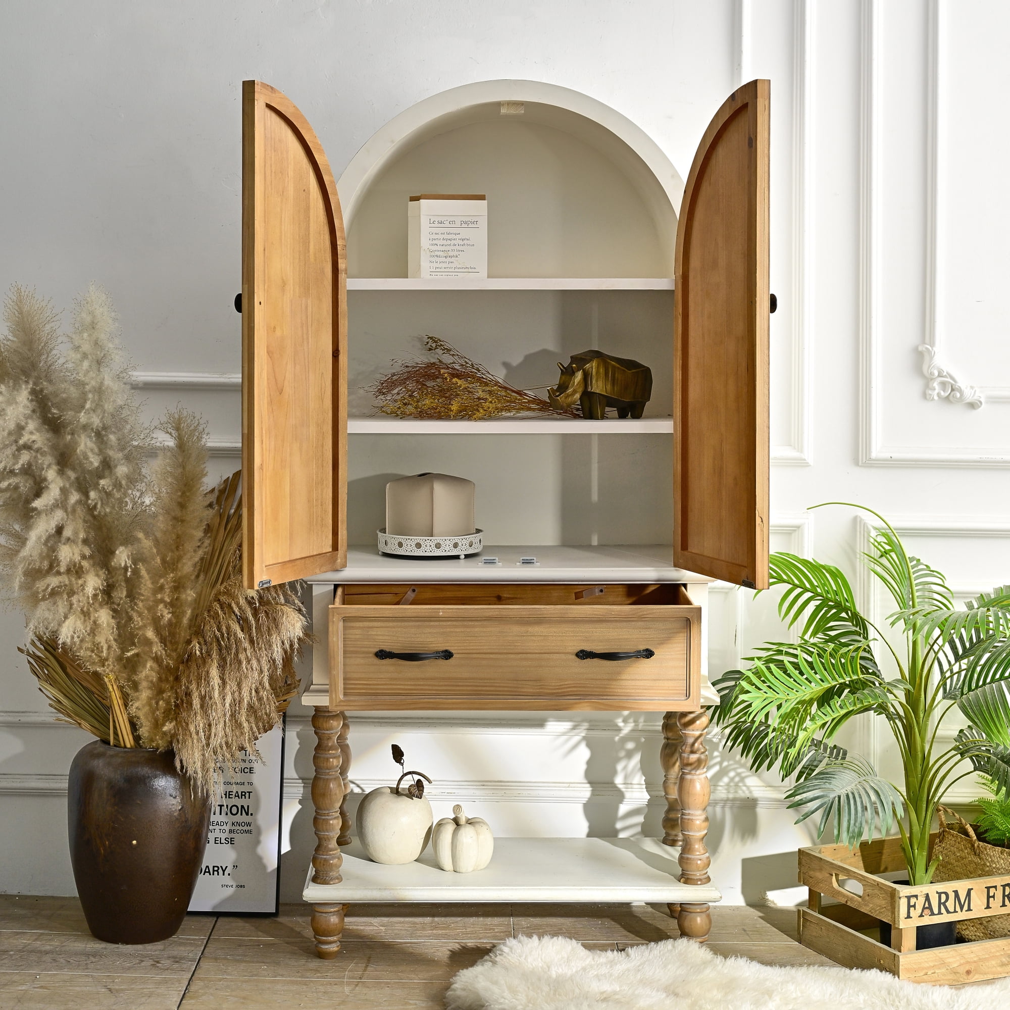 Leumius 31.50" Arched Flower Carved Door Accent Sideboard Cabinet with 1 Drawer and Shelf, Wooden Cabinet for Kitchen, Dining Room, Living Room