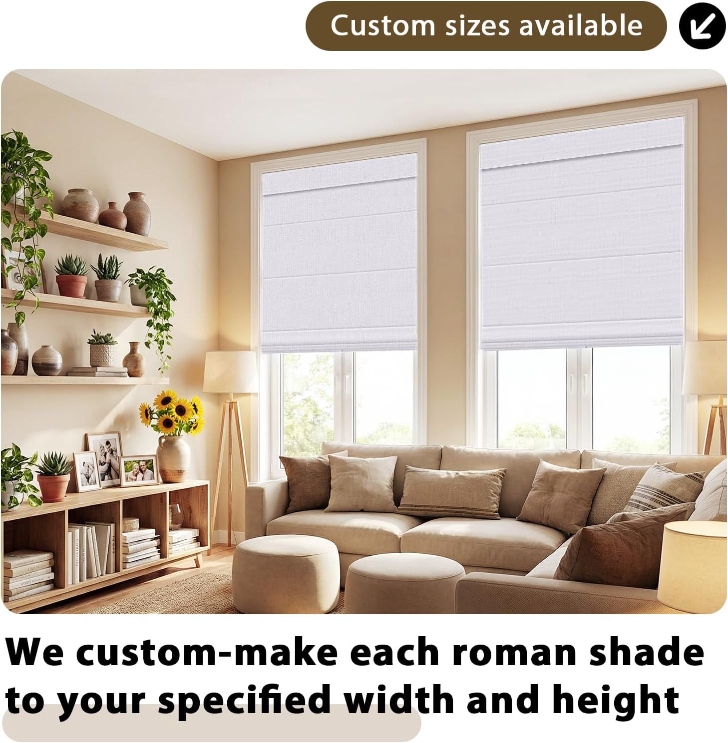 NAWAY No Drill Cordless Roman Shades, 36" W x 64" H Blackout Window Blinds, UV Protection Privacy Shades for Bedroom Living Room Office, Beige