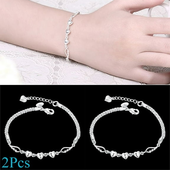 2 Pack 925 Sterling Silver Love Heart Chain Bracelets, Bracelet for Women, Jewelry Gifts for Her, 10-inch