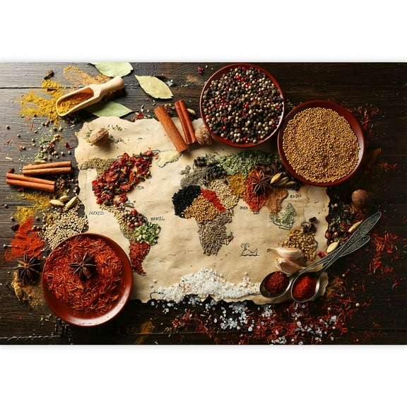 wall26 - Map of World Made from Different Kinds of Spices on Wooden Background - Removable Wall Mural | Self-Adhesive Large Wallpaper - 100x144 inches