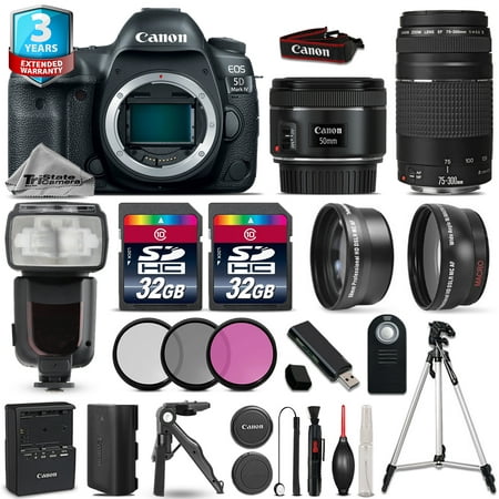 Canon EOS 5D Mark IV Camera + 50mm 1.8 + 75-300mm + 64GB + Flash + 2yr